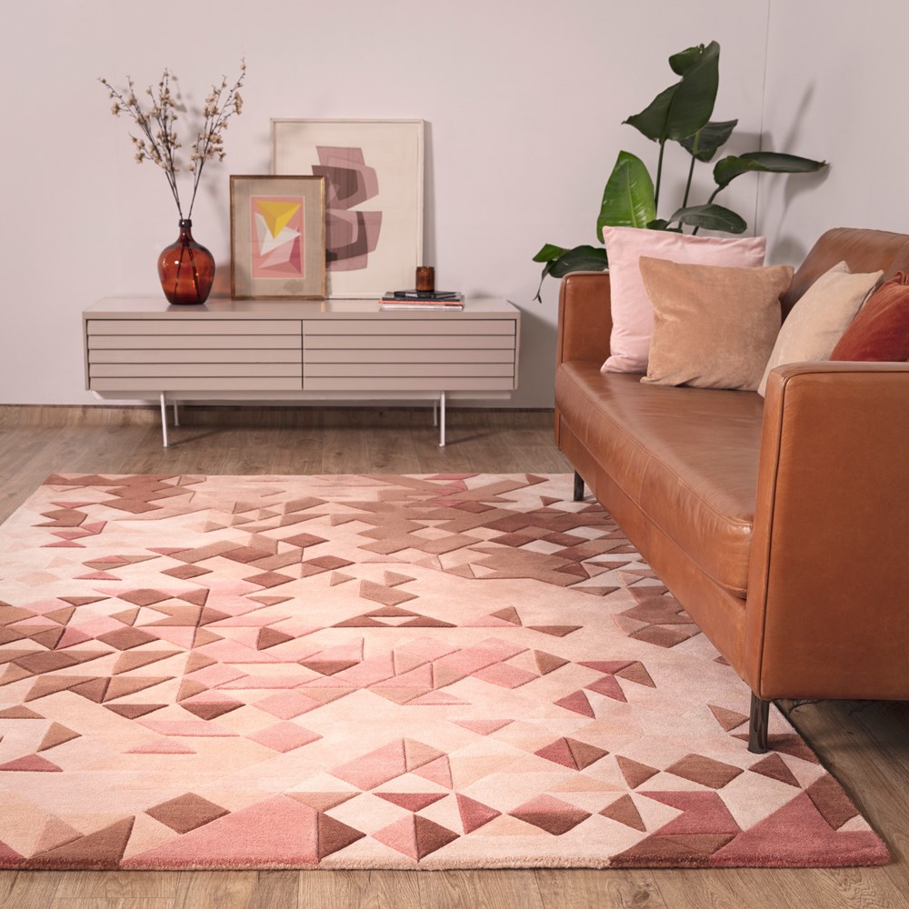 Enigma Modern Carved 3D Wool Rugs in Rose Pink Multi